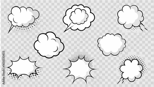 Vector illustration of six comic style speech bubbles and bursts on a transparent checkered background design