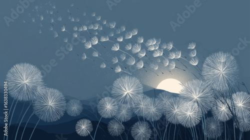 Serene moonlit meadow with dandelion seeds blowing across the night sky in elegant vector design