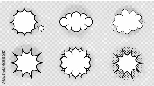 Vector illustration of six comic style speech bubbles and bursts on a transparent checkered background design