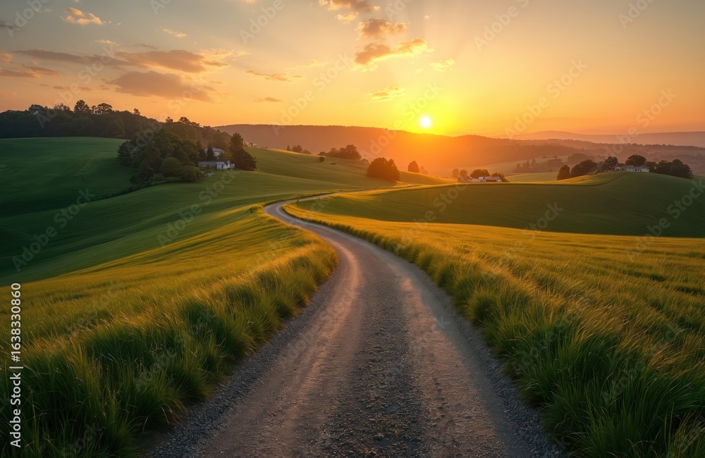 Fototapeta premium Winding dirt road through green fields at sunrise. Golden light illuminates rolling hills, distant trees, creating scene of hope, new beginnings. Peaceful dawn offers serenity, sense of journey,