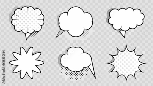 Vector illustration of six cartoon speech bubbles with various shapes and halftone shading on a transparent background