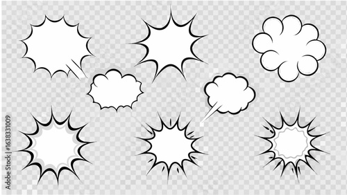 Vector illustration of comic style speech bubbles and explosion effects on a transparent checkered background