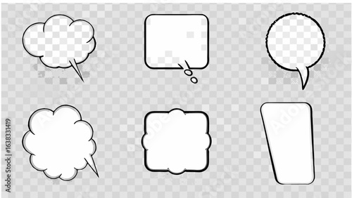 Vector illustration of six comic style speech bubbles and bursts on a transparent checkered background design