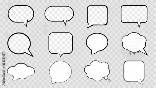 Vector illustration of six comic style speech bubbles and bursts on a transparent checkered background design