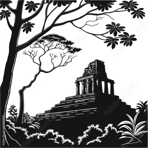 Ancient temple ruins in jungle silhouette