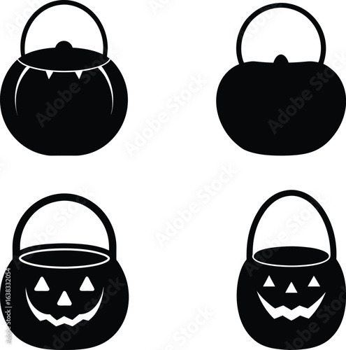 halloween candy bucket bag vector illustration black silhouette white background