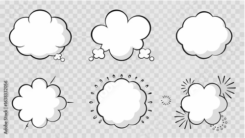 Vector illustration of six comic style speech bubbles and bursts on a transparent checkered background design