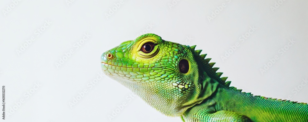 Obraz premium Close up shot of a vibrant green lizard on white background