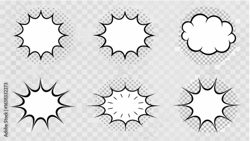Vector illustration of six comic style speech bubbles and bursts on a transparent checkered background design