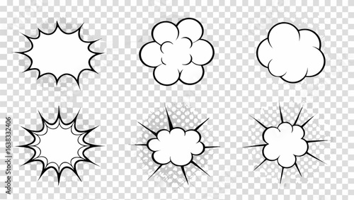 Vector illustration of six comic style speech bubbles and bursts on a transparent checkered background design