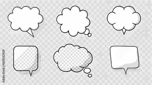 Vector illustration of six comic style speech bubbles and bursts on a transparent checkered background design