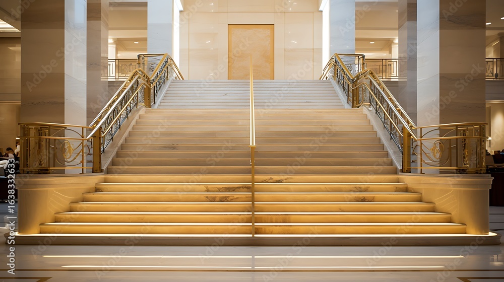 Obraz premium Grand staircase in a luxury mall with travertine stone treads, bold gold railings, integrated floor lighting, and minimalist art installations lining the walls, full frame,
