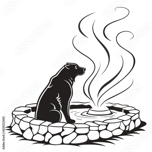 Hot spring with steam silhouette