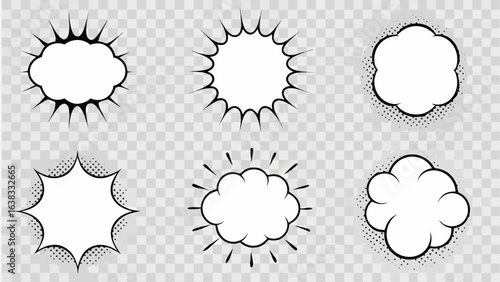 Vector illustration of six comic style speech bubbles and bursts on a transparent checkered background design