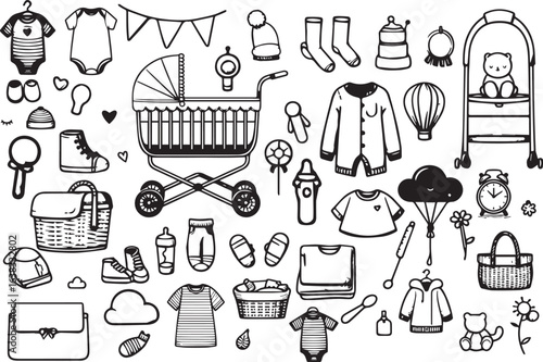 Newborn essentials in minimalist doodle style: crib, stroller, toys, and clothing vector illustration