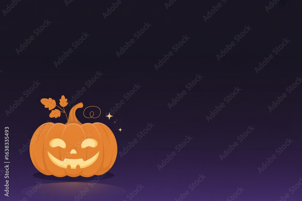 Fototapeta premium Modern Minimalist Vector Illustration Smiling Jack-o'-Lantern Dark Purple Background - Halloween Marketing Materials Social Media Graphics