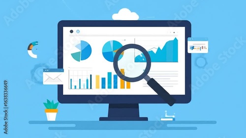 Data Analysis on Computer Screen with Magnifying Glass and Charts on Blue Background for Business Research and Strategic Planning