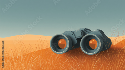 Minimalist binoculars on open field background, top view, modern flat design