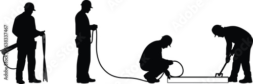 Silhouette of construction workers handling cables, installing wiring, performing maintenance work, teamwork on construction site, industrial labor, professional electricians working 