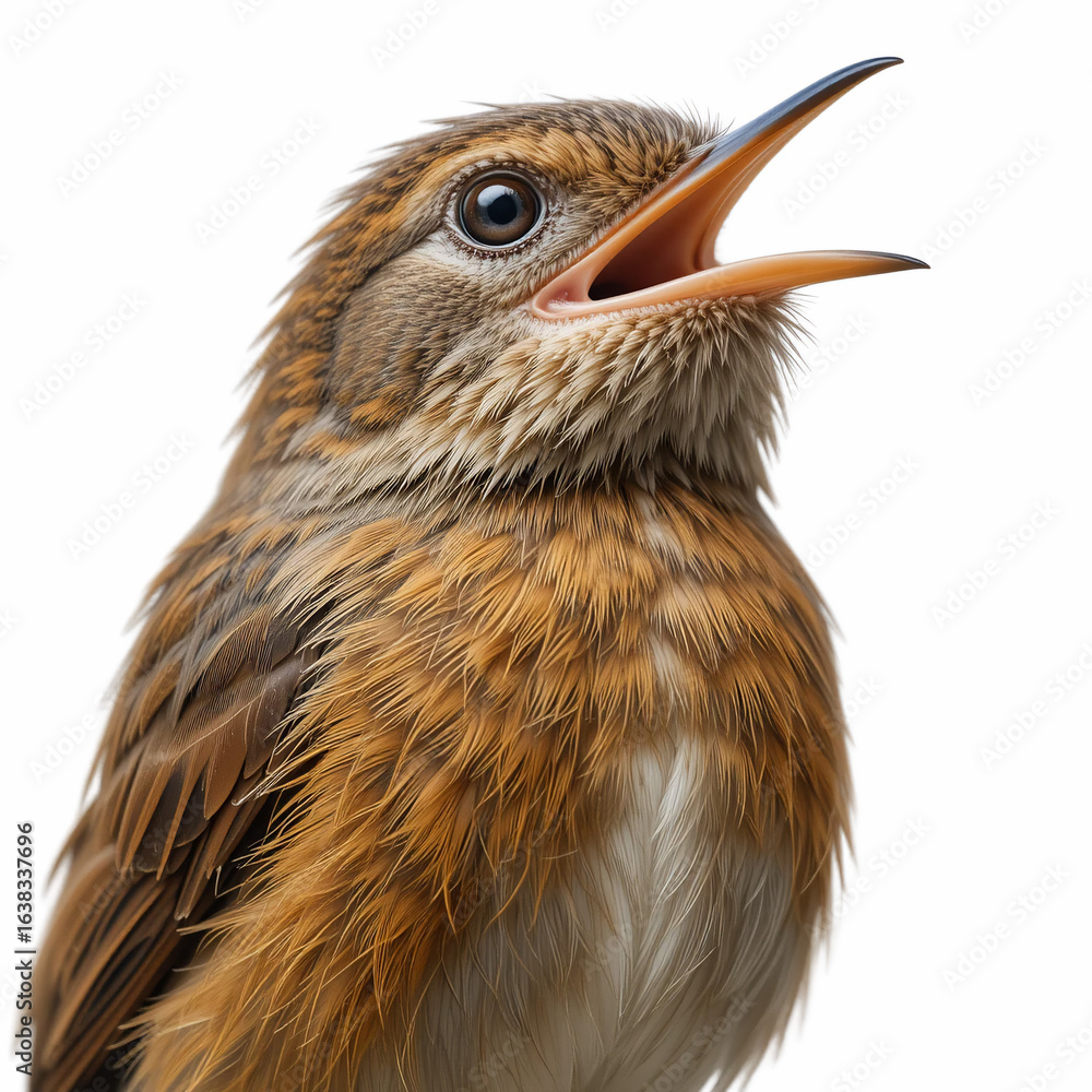 Obraz premium Close Up Of A Small Brown Bird With Open Beak Isolated Transparent Background High Resolution Image