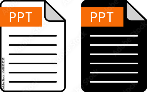 PowerPoint file icon set – light and dark paper document symbols with orange PPT label, flat design