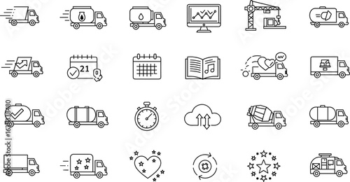 
Service and delivery truck icon set, logistics transport, fuel tankers, calendar, stopwatch, cloud sync, editable line symbols