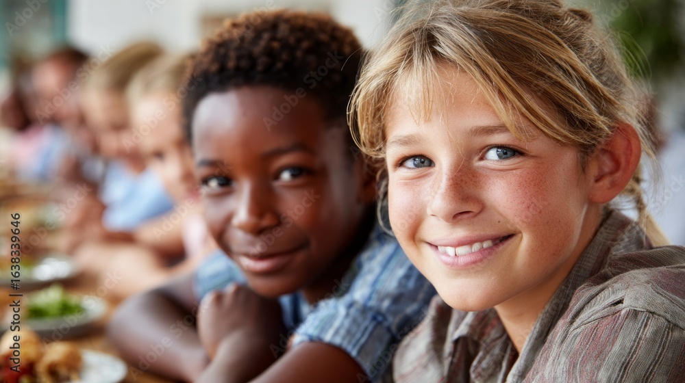 Fototapeta premium Young boy and girl share smiles at school lunch table surrounded by friends during mealtime
