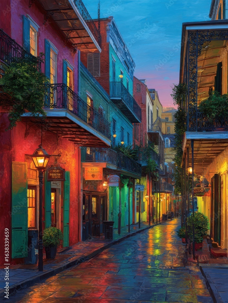 Fototapeta premium vibrant colorful historic architecture lines bourbon street at dusk in new orleans french quarter adorned with ornate ironwork balconies and lively lanterns