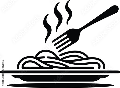 Simple black and white icon of steaming spaghetti on a plate with a fork