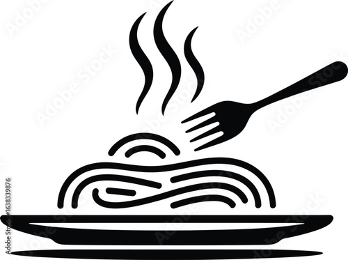 Simple black and white illustration of hot steaming pasta with a fork