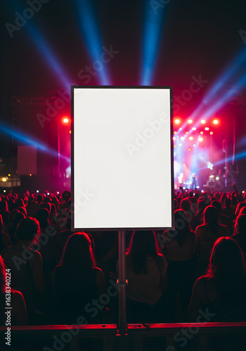 A blank white sign held up in a large crowd at a vibrant night concert with colorful stage lights.