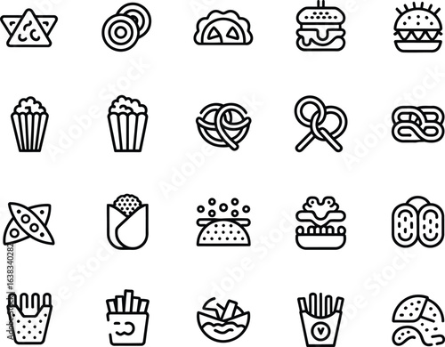 Collection of hand drawn fast food icons in a grid layout