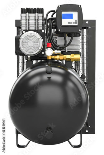 Black industrial air compressor with a digital display unit isolated on a transparent background