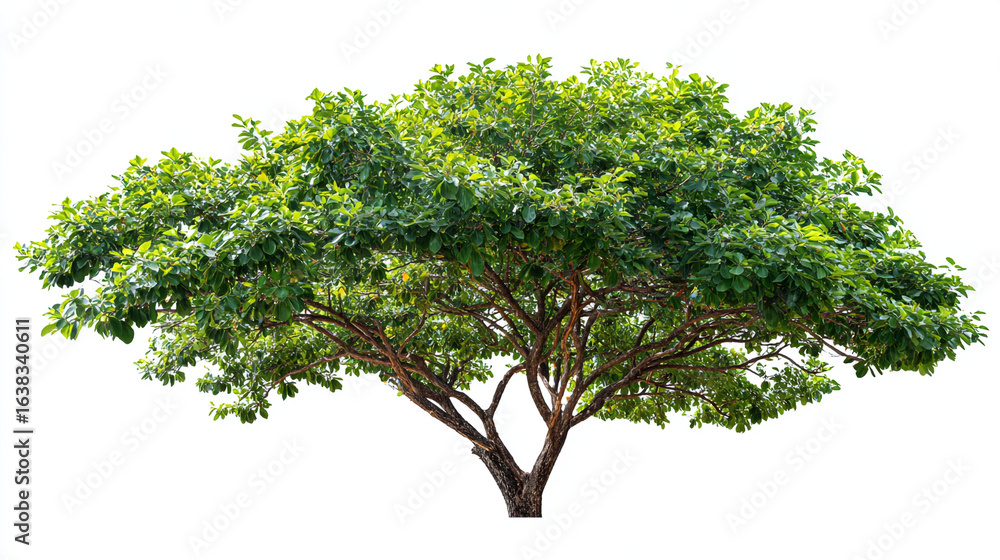 Obraz premium A lush green tree with a full canopy standing against a bright white background in a clear day light