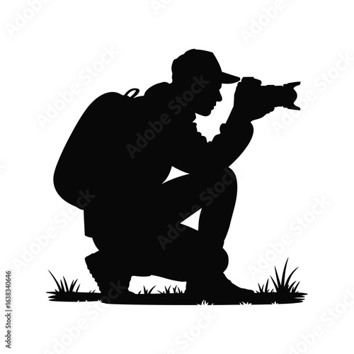 Photographer crouching with camera silhouette wildlife or sports photography theme isolated black and white vector