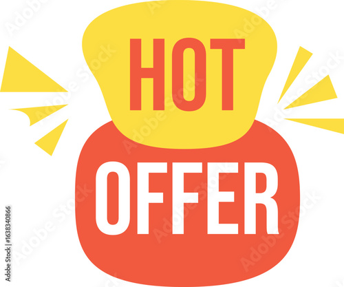 Yellow and red shapes with HOTOFER text and graphic elements hot offer sale