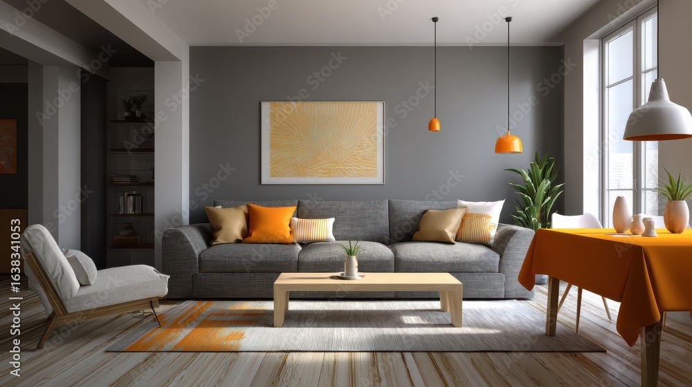 Fototapeta premium living and dining room interior with grey couch and table covered with orange tablecloth no logos no brands ar 169