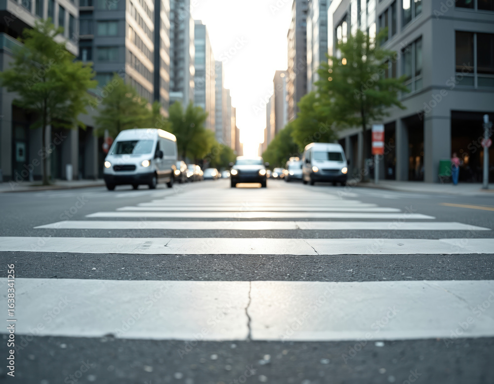 Obraz premium Urban street scene with crosswalks, modern buildings, and vehicles. City infrastructure visible with plants, cars, and vans moving on asphalt road during daylight.