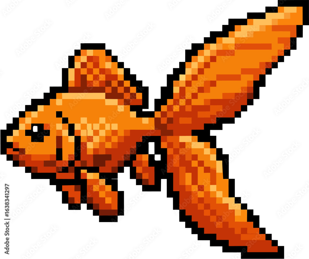 Fototapeta premium Pixelated image of an orange goldfish swimming, with visible fins and tail in a side view.