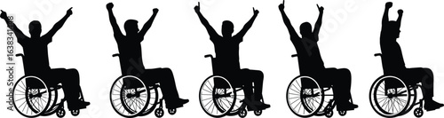 
Silhouette of happy disabled man in wheelchair raising hands, celebrating success, victory, achievement, motivation, accessibility, empowerment, hope, freedom