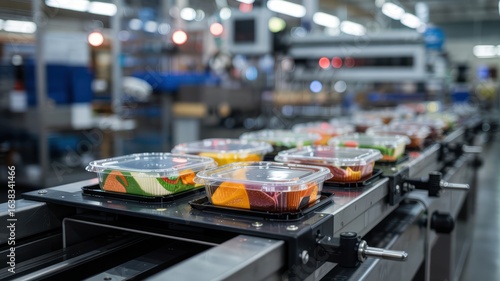 Wallpaper Mural Automated food packaging line with ready meals in plastic containers moving on conveyor belt modern factory. Torontodigital.ca