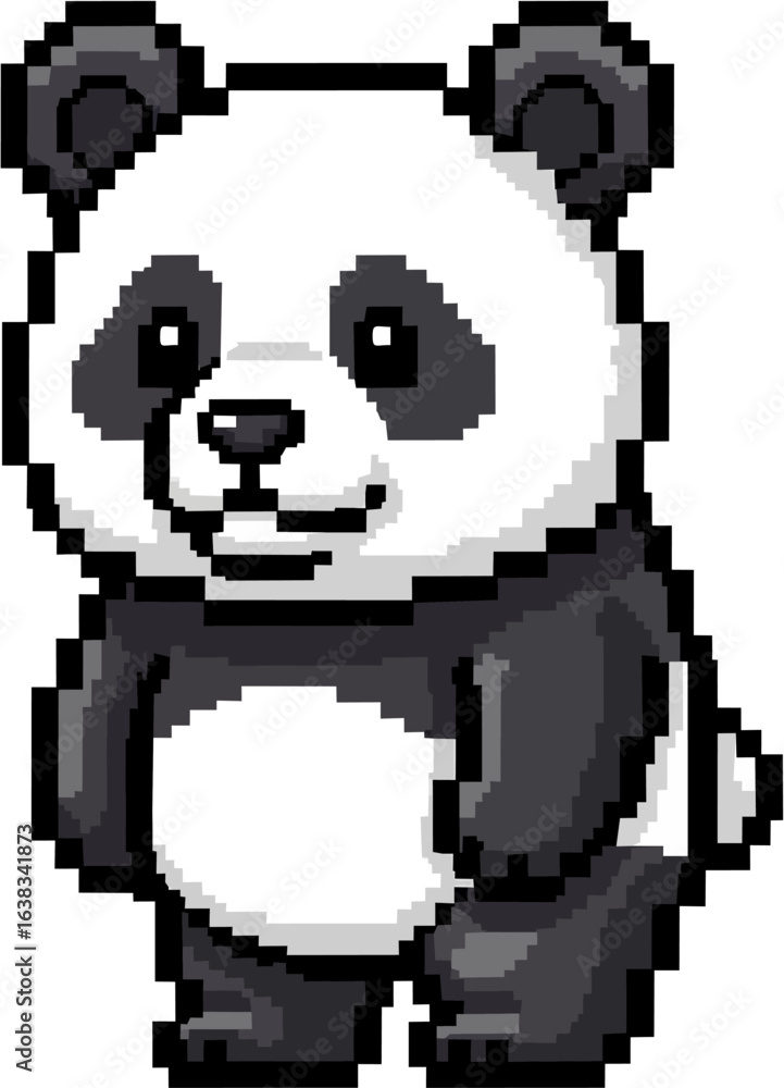 Fototapeta premium Pixelated cartoon panda, standing upright, with happy expression.