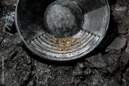 Obraz na plátne Gold sand panning from placer deposit, small pieces of gold nuggets in the pan n