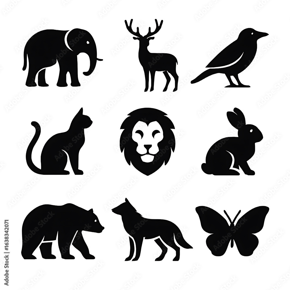 Obraz premium A collection of black silhouettes of various animals, including a deer, lion, rabbit, and bear.