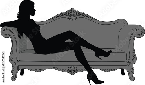 Silhouette of elegant woman reclining on ornate sofa, high heels, decorative furniture, vintage style, luxury pose, isolated background