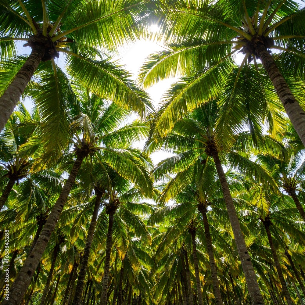 Fototapeta premium Lush Coconut Grove: A Tropical Paradise Canopy Reaching Towards the Sky