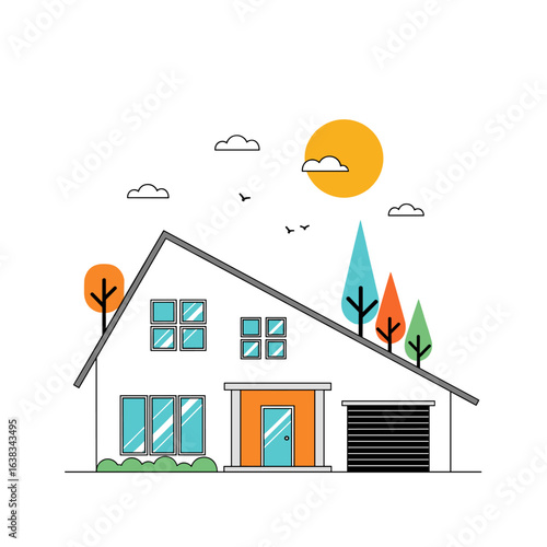 Modern Minimalist Home Design with Garage and Sunny Sky Background