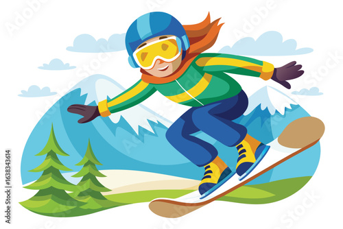 Monochrome Depiction of a Snowboarder in Action Against Mountainous Backdrop, Showcasing Winter Sports and Outdoor Adventure