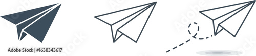 Three paper airplanes depicted in different styles solid gray, line art, and line art with a dashed trajectory, isolated on white background