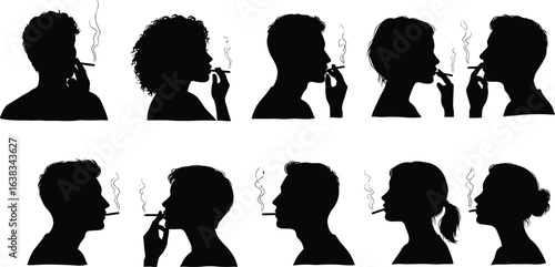 
Silhouettes of men and women smoking cigarettes, addiction and lifestyle concept, tobacco use, unhealthy habit illustration, black vector silhouettes.